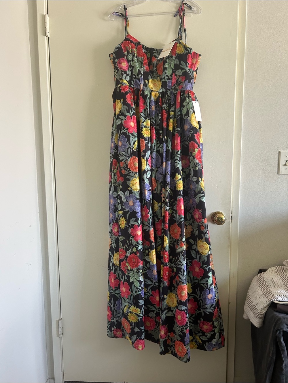 Show Me Your MuMu Black Maxi Dress Floral Print w/ slit, pockets, & corset back